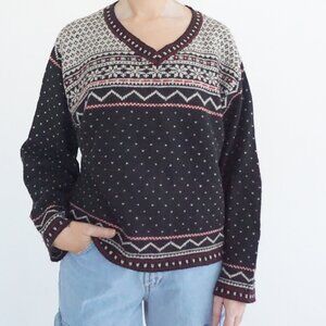 Vintage Maurices Black Nordic Fair Isle V Neck Knit Sweater Red Cream Wool L